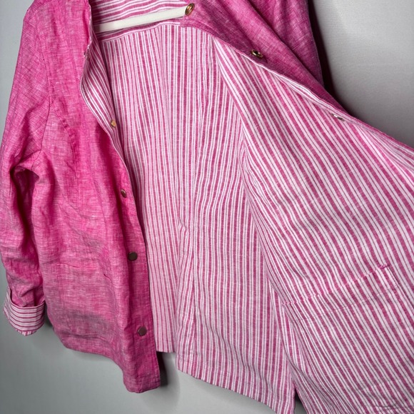 Chicos Reversible Linen Jacket Size 2/12-14 Pink White Striped Snap Classic - Picture 10 of 13